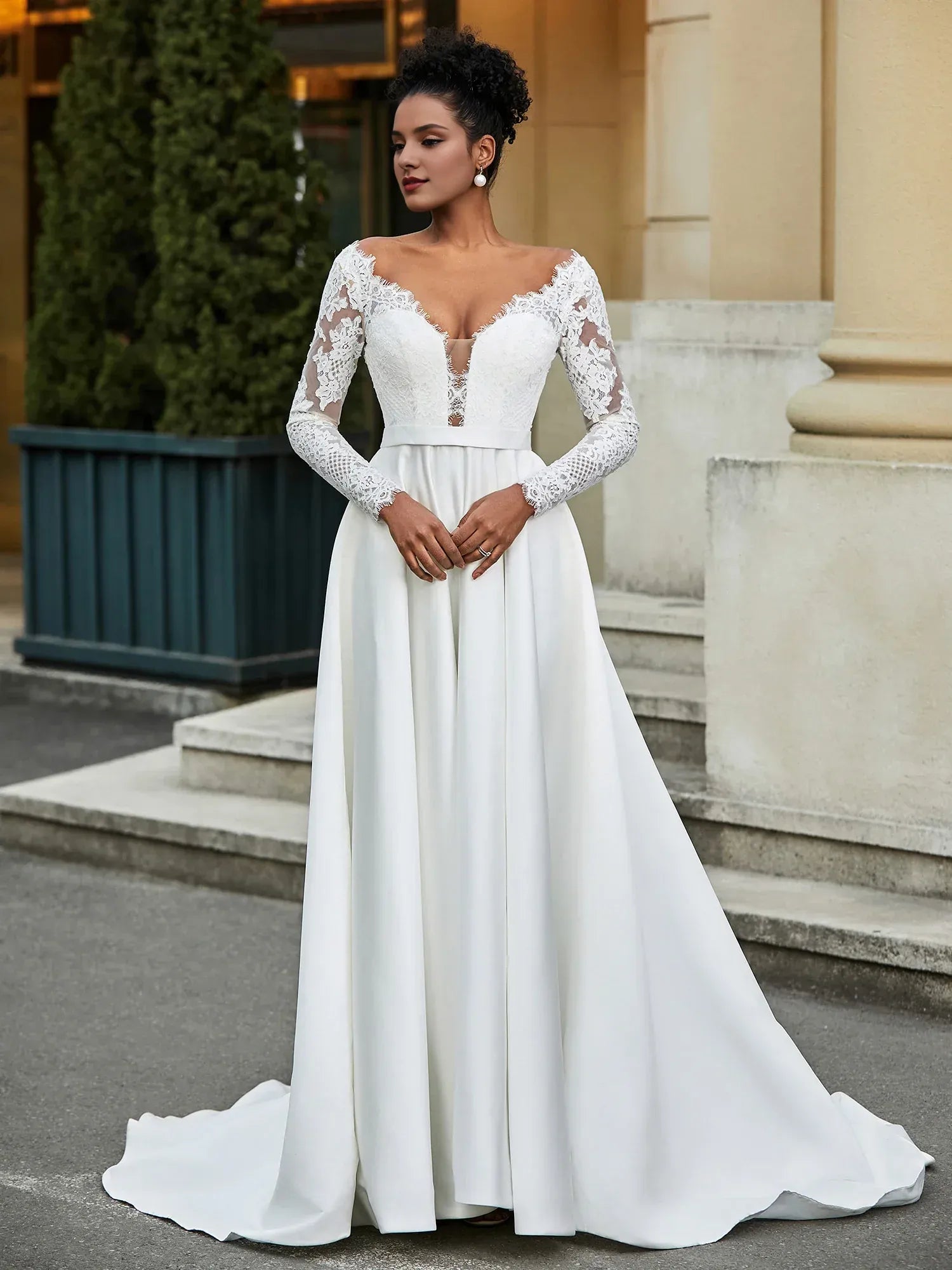 Regal A-Line Off-the-Shoulder Long-Sleeve Floor-Length Wedding Dress