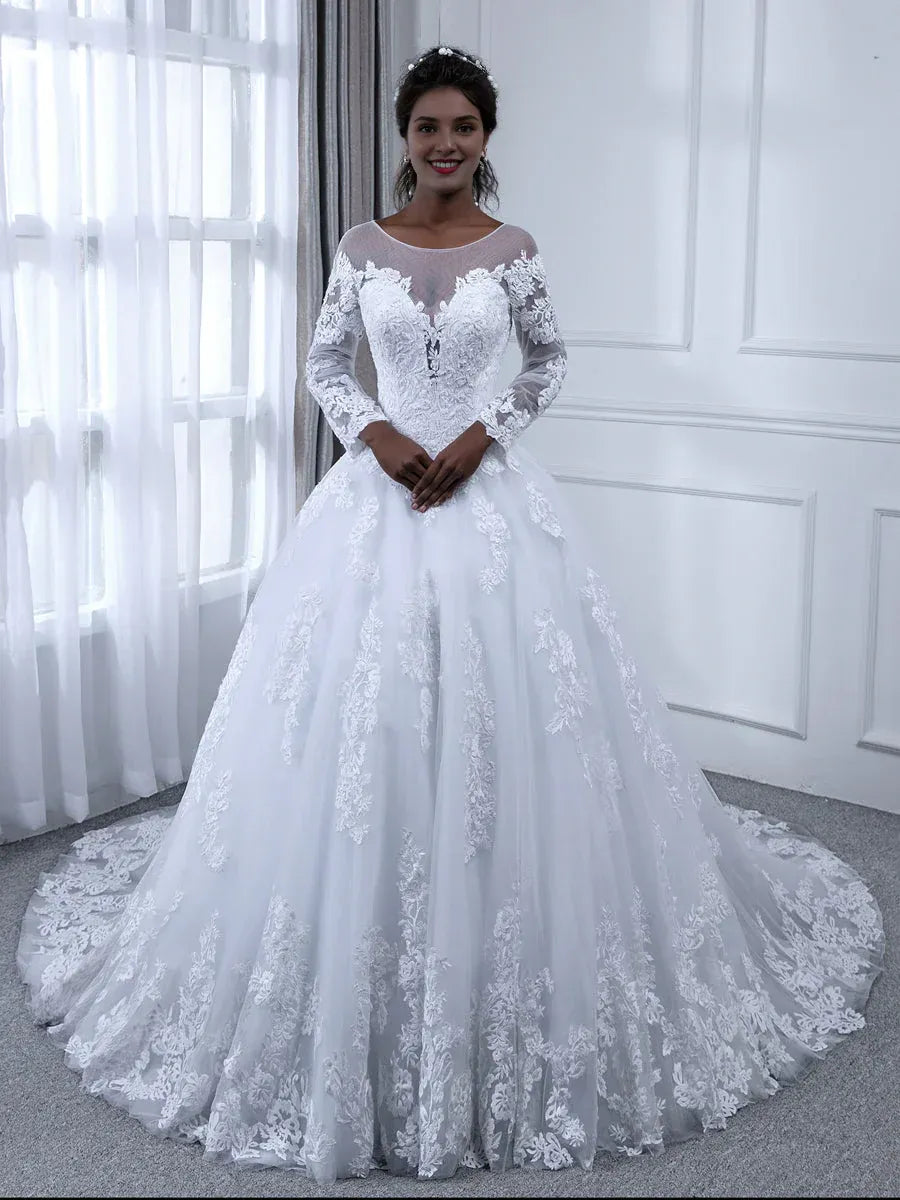 Regal Ball-Gown Illusion-Neck Long-Sleeve Floor-Length Wedding Dress