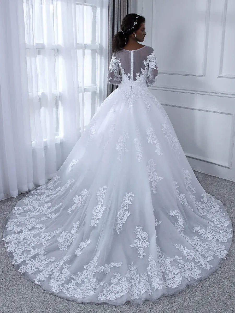 Regal Ball-Gown Illusion-Neck Long-Sleeve Floor-Length Wedding Dress