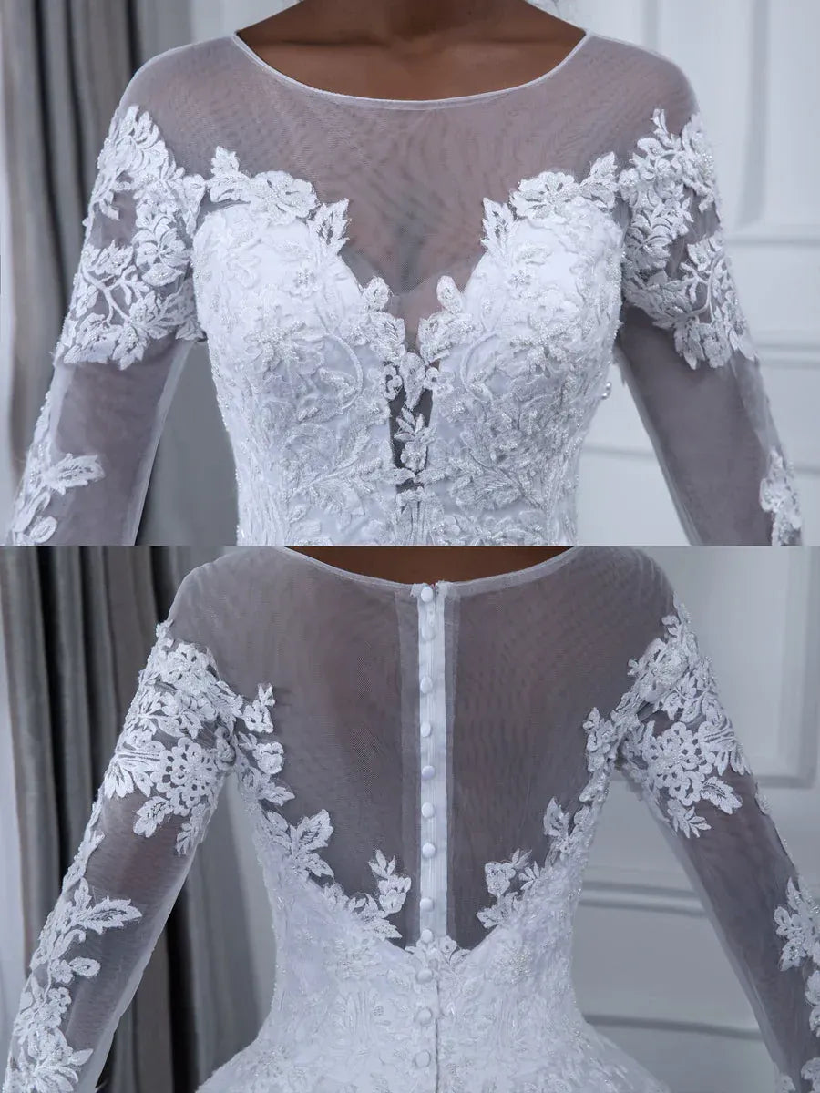 Regal Ball-Gown Illusion-Neck Long-Sleeve Floor-Length Wedding Dress