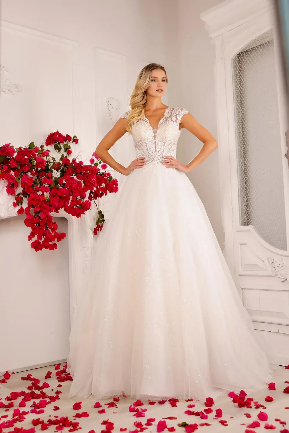 Regal Ball-Gown V-Neck Cap-Sleeve Floor-Length Wedding Dress