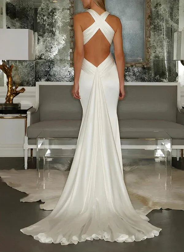 Regal Mermaid Halter-Neck Sleeveless Floor-Length Wedding Dress