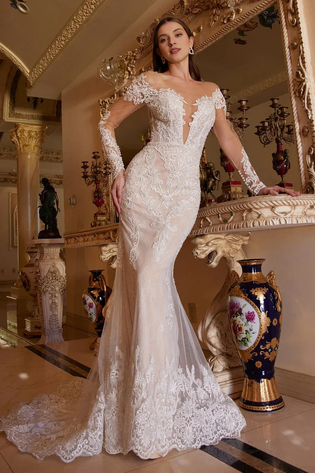 Regal Mermaid Illusion-Neck Long-Sleeve Floor-Length Wedding Dress