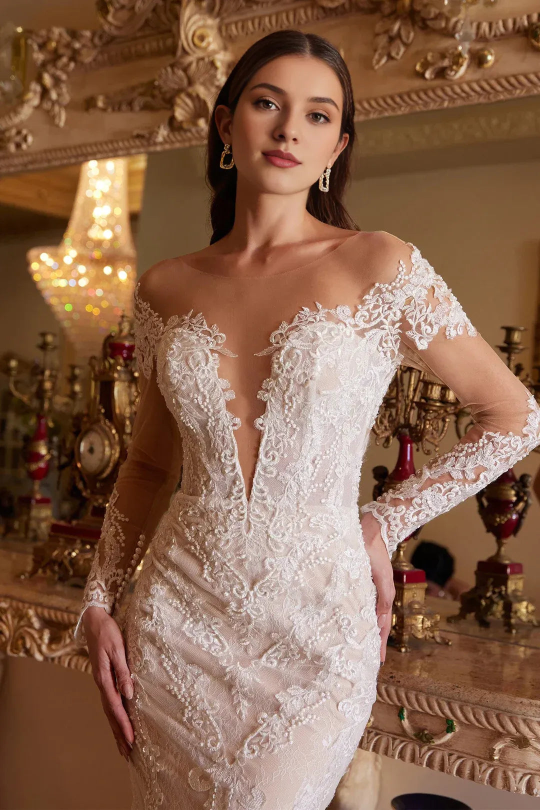 Regal Mermaid Illusion-Neck Long-Sleeve Floor-Length Wedding Dress
