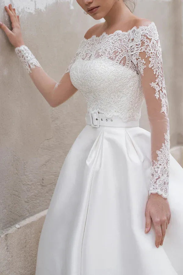 Regal Off-the-Shoulder Long-Sleeve A-Line Floor-Length Wedding Dress
