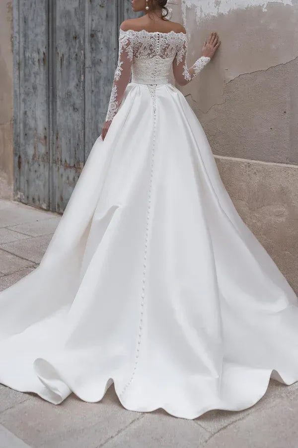 Regal Off-the-Shoulder Long-Sleeve A-Line Floor-Length Wedding Dress