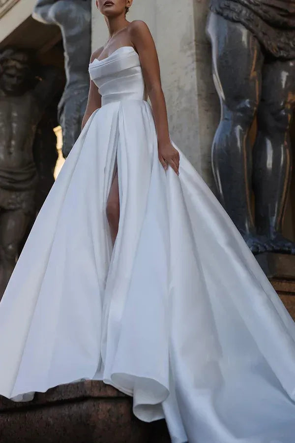 Regal Strapless High-Slit A-Line Floor-Length Wedding Dress