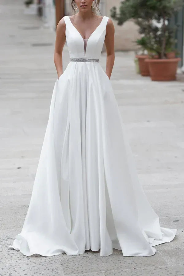 Regal V-Neck Sleeveless A-Line Floor-Length Wedding Dress