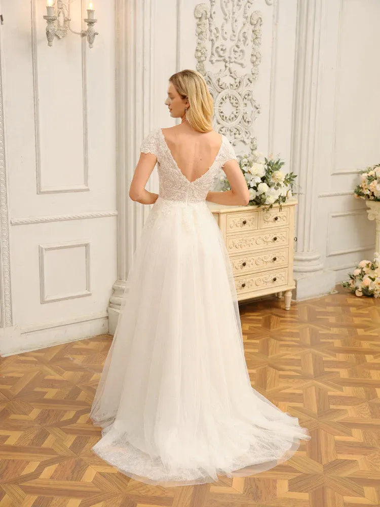 Romantic A-Line Plunge-Neck Cap-Sleeve Floor-Length Wedding Dress