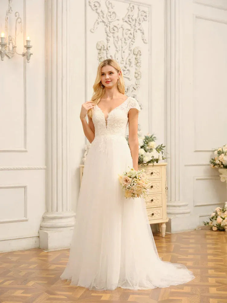 Romantic A-Line Plunge-Neck Cap-Sleeve Floor-Length Wedding Dress