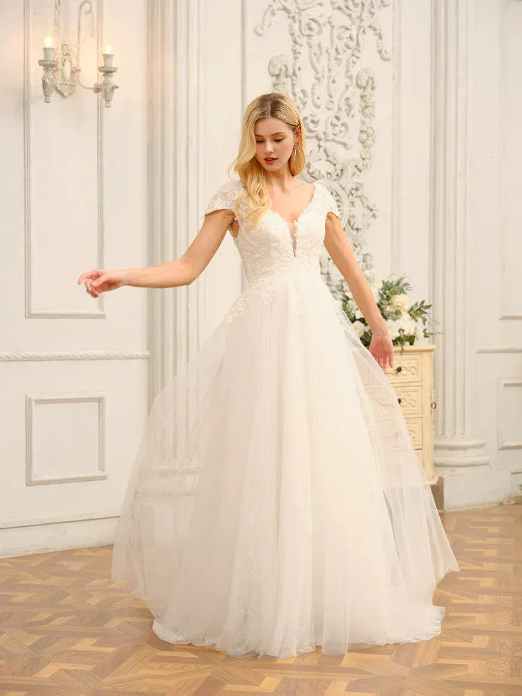 Romantic A-Line Plunge-Neck Cap-Sleeve Floor-Length Wedding Dress