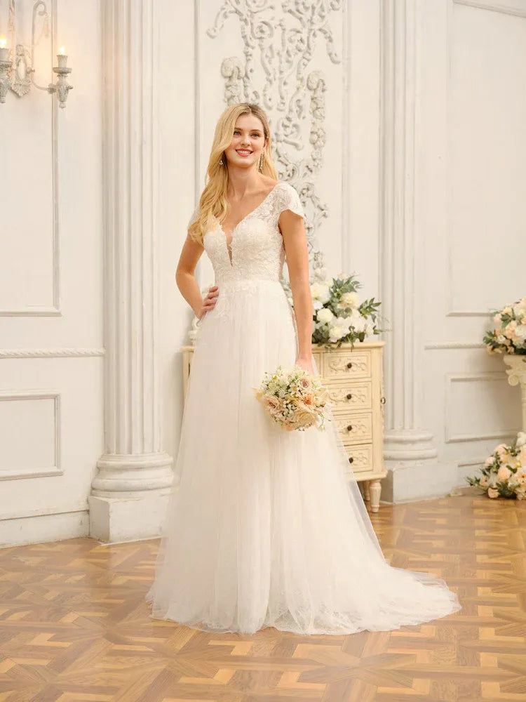 Romantic A-Line Plunge-Neck Cap-Sleeve Floor-Length Wedding Dress