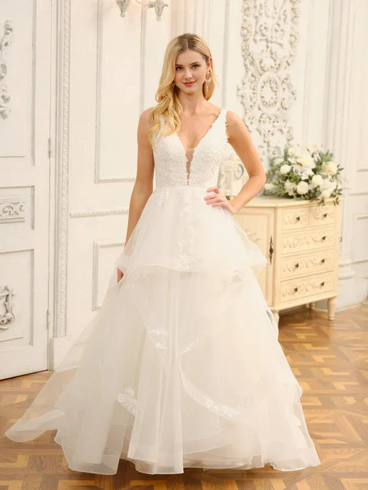 Romantic A-Line Plunge-Neck Tiered Floor-Length Wedding Dress