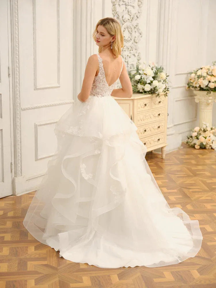 Romantic A-Line Plunge-Neck Tiered Floor-Length Wedding Dress