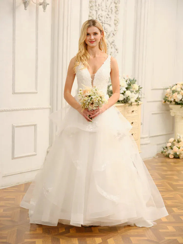 Romantic A-Line Plunge-Neck Tiered Floor-Length Wedding Dress