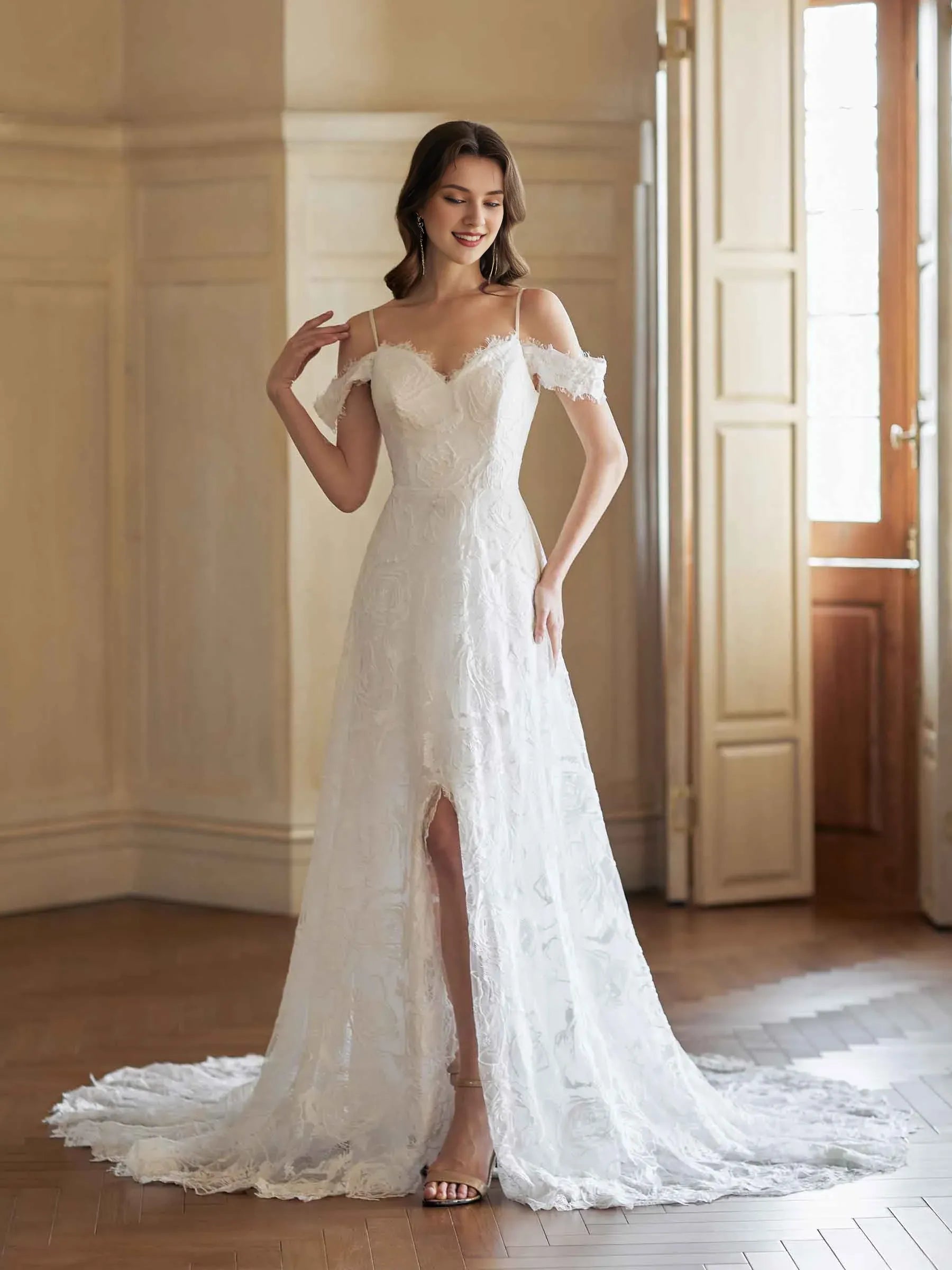 Romantic A-Line Sweetheart-Neck Off-the-Shoulder Floor-Length Wedding Dress