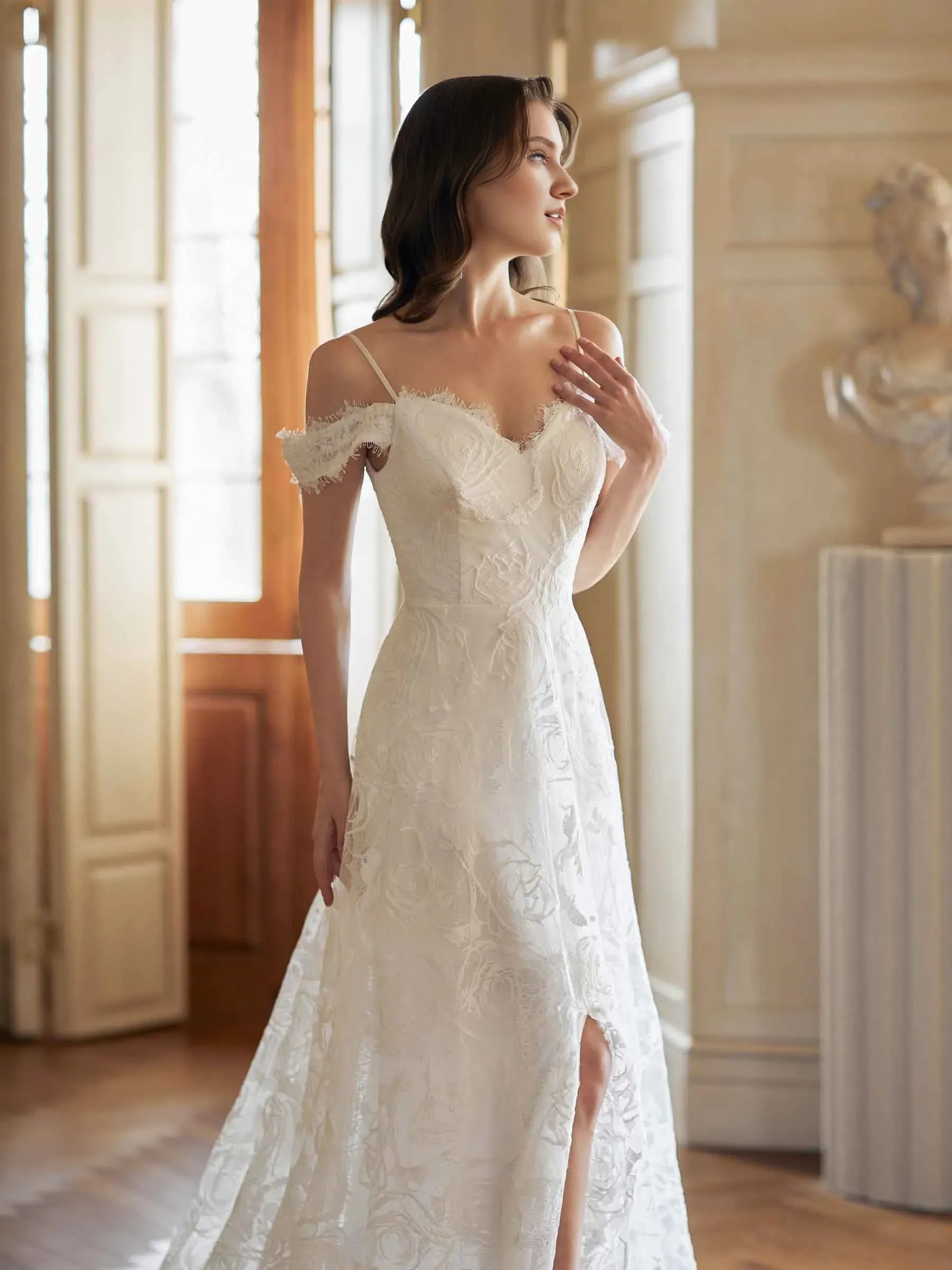 Romantic A-Line Sweetheart-Neck Off-the-Shoulder Floor-Length Wedding Dress