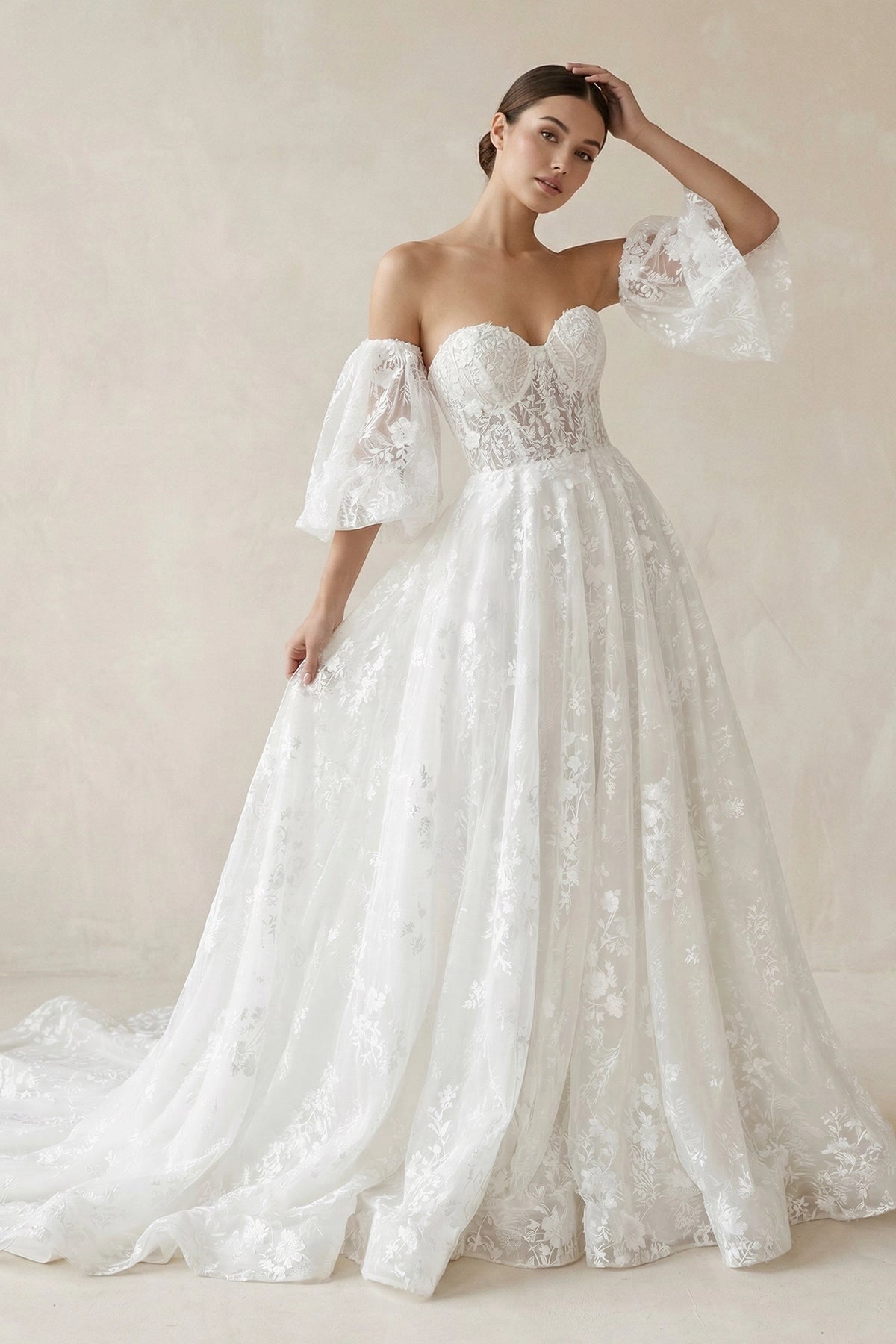wolmen romantic A-line lace wedding dress with sweetheart neckline and off-shoulder puff sleeves front view