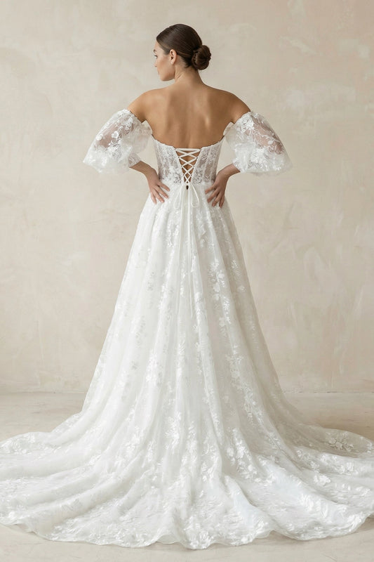 Romantic A-Line Sweetheart Off-Shoulder Puff Sleeve Lace-Up Back Chapel Train Wedding Dress