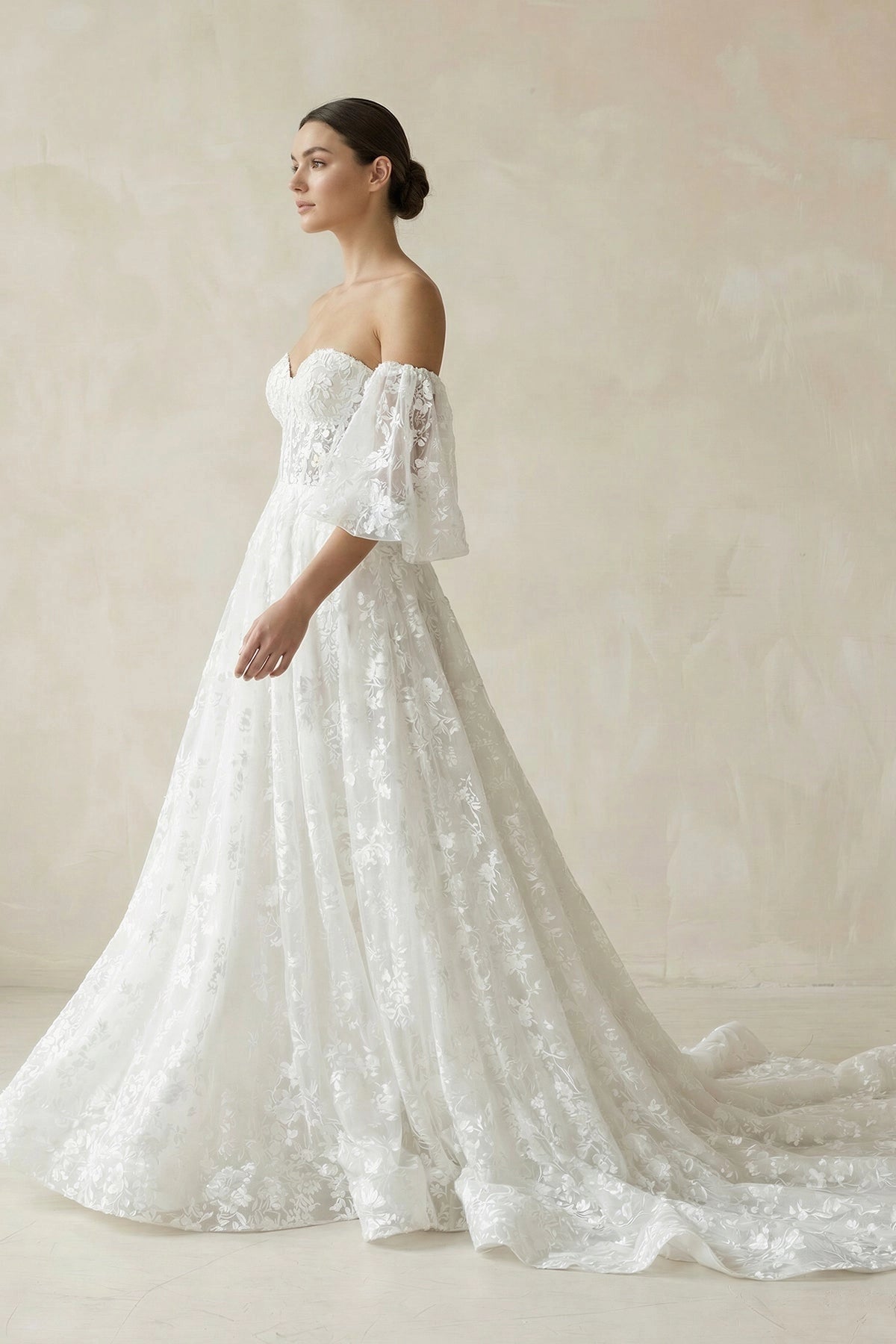 Romantic A-Line Sweetheart Off-Shoulder Puff Sleeve Lace-Up Back Chapel Train Wedding Dress