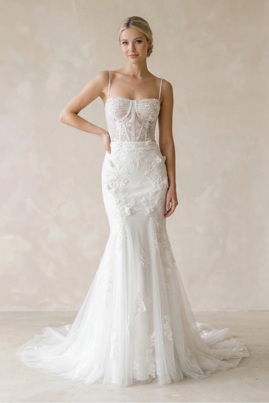 wolmen romantic mermaid lace wedding dress with square neckline and chapel train front view