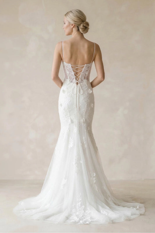 Romantic Mermaid Square Neck Sleeveless Lace-Up Back Chapel Train Wedding Dress