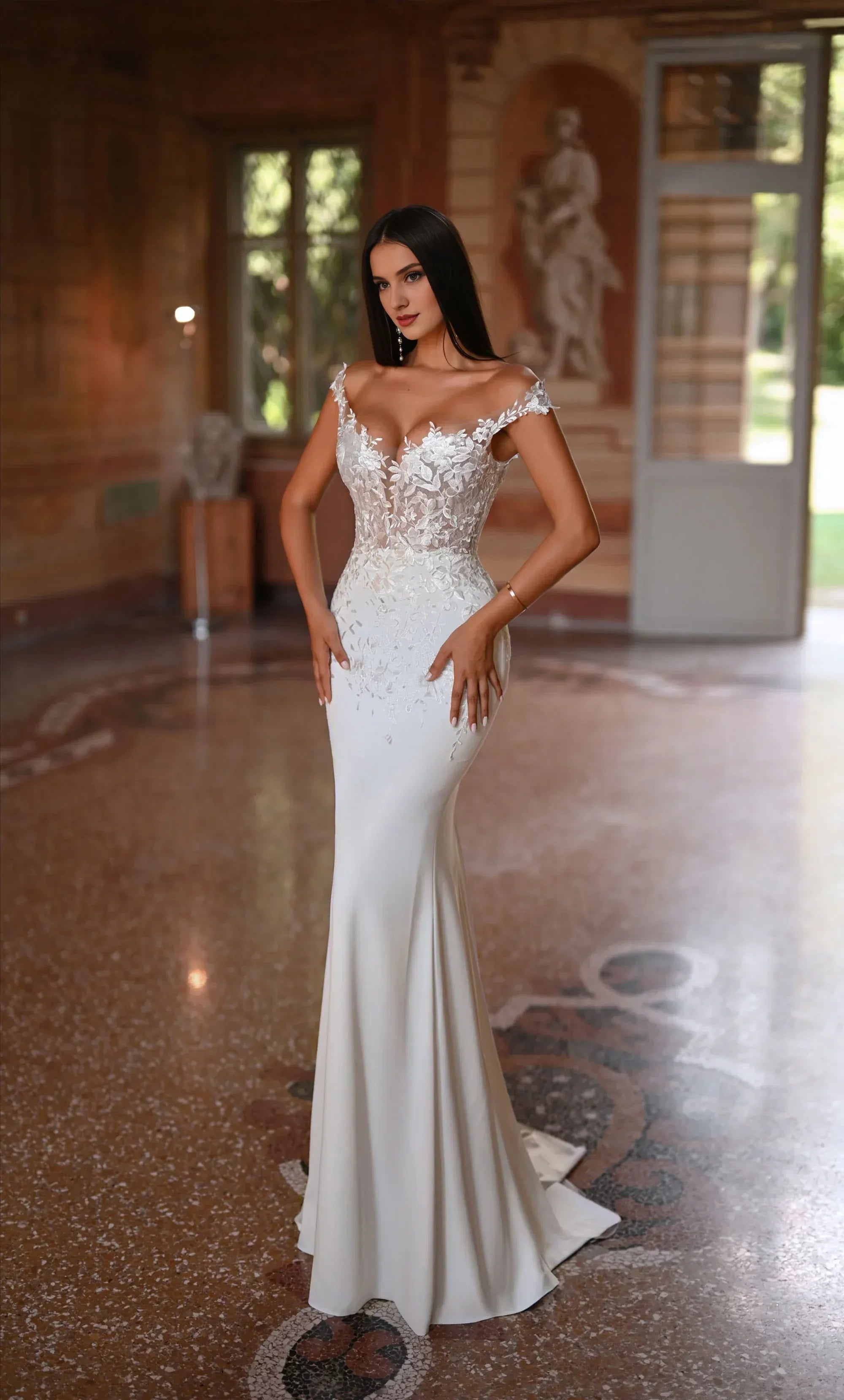Romantic Mermaid Off-the-Shoulder Lace Floor-Length Wedding Dress