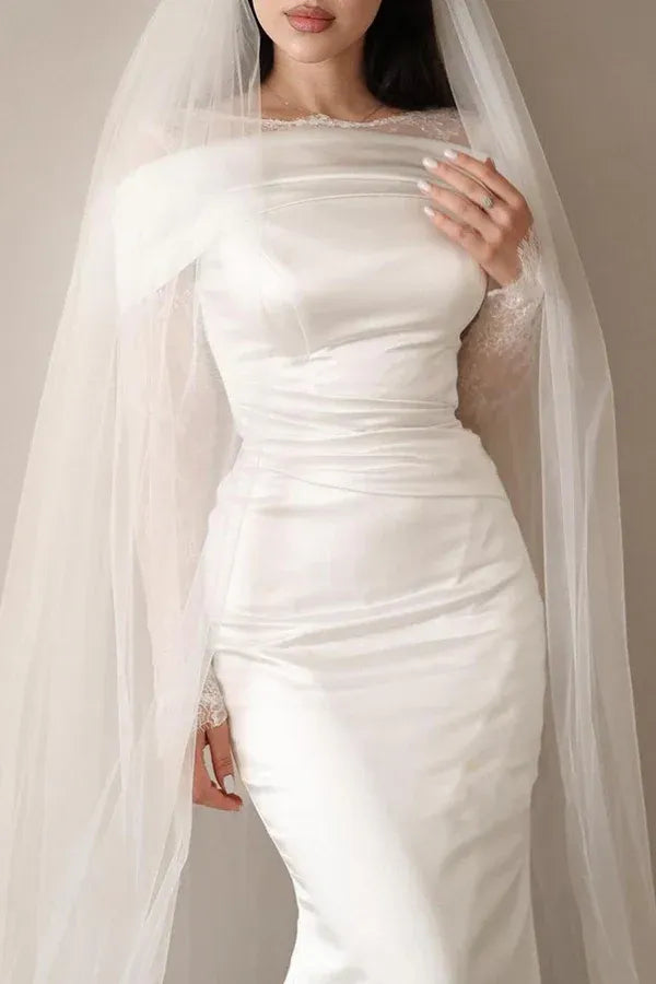 Romantic Off-the-Shoulder Lace-Sleeve Mermaid Floor-Length Wedding Dress