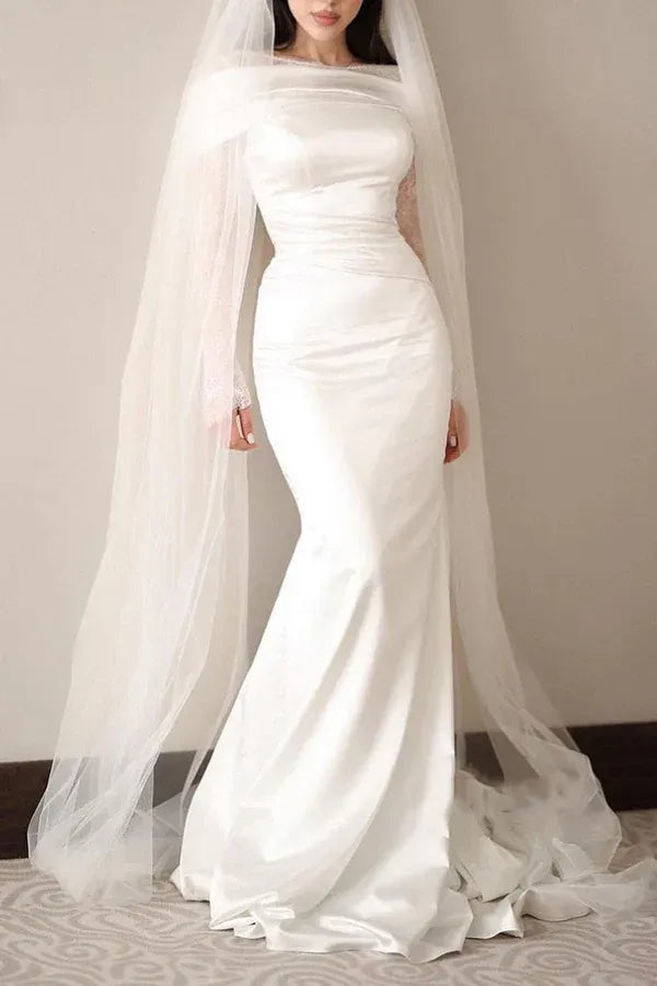 Romantic Off-the-Shoulder Lace-Sleeve Mermaid Floor-Length Wedding Dress