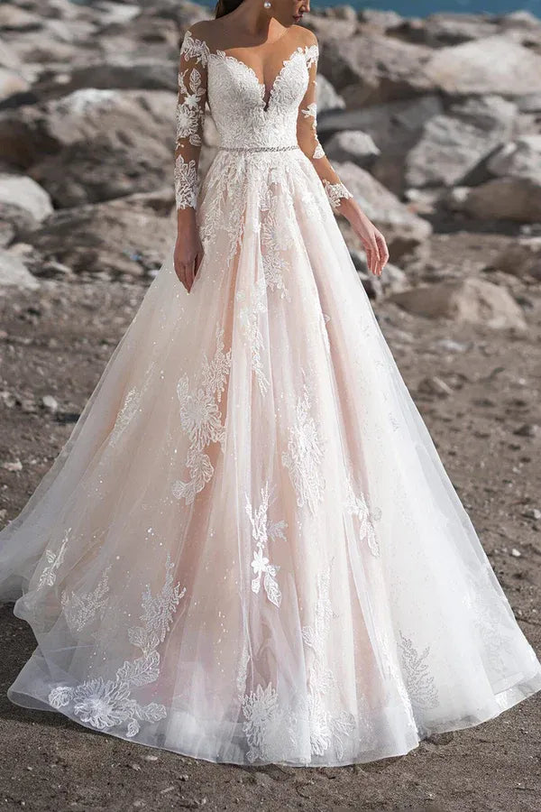 Romantic Off-the-Shoulder Long-Sleeve A-Line Floor-Length Wedding Dress