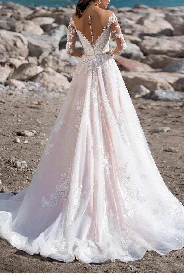 Romantic Off-the-Shoulder Long-Sleeve A-Line Floor-Length Wedding Dress