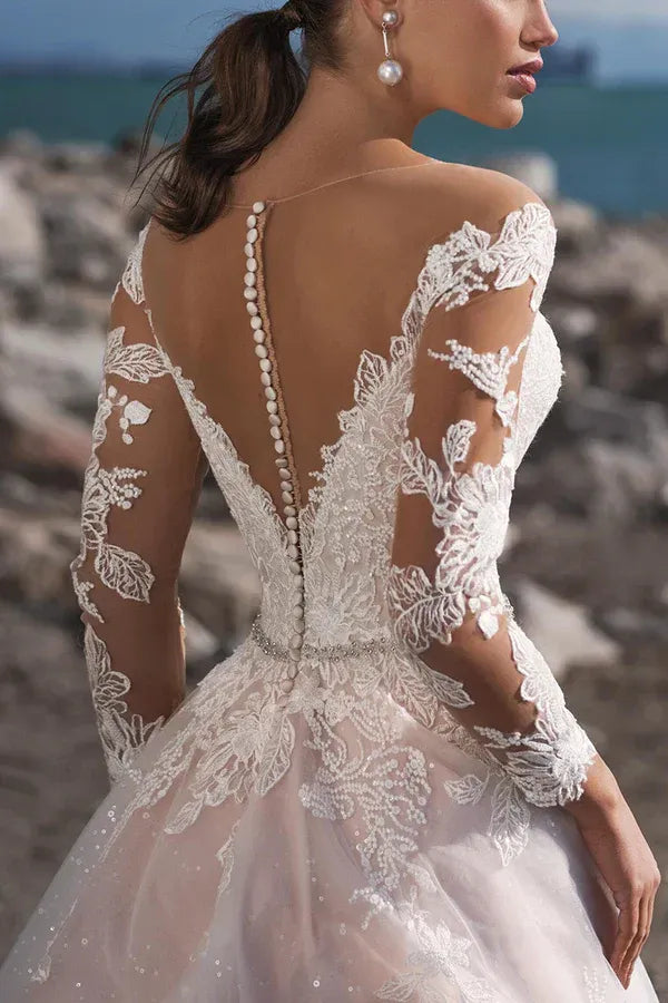 Romantic Off-the-Shoulder Long-Sleeve A-Line Floor-Length Wedding Dress