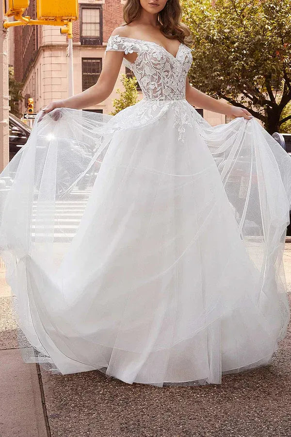 Romantic Off-the-Shoulder Short-Sleeve A-Line Floor-Length Wedding Dress