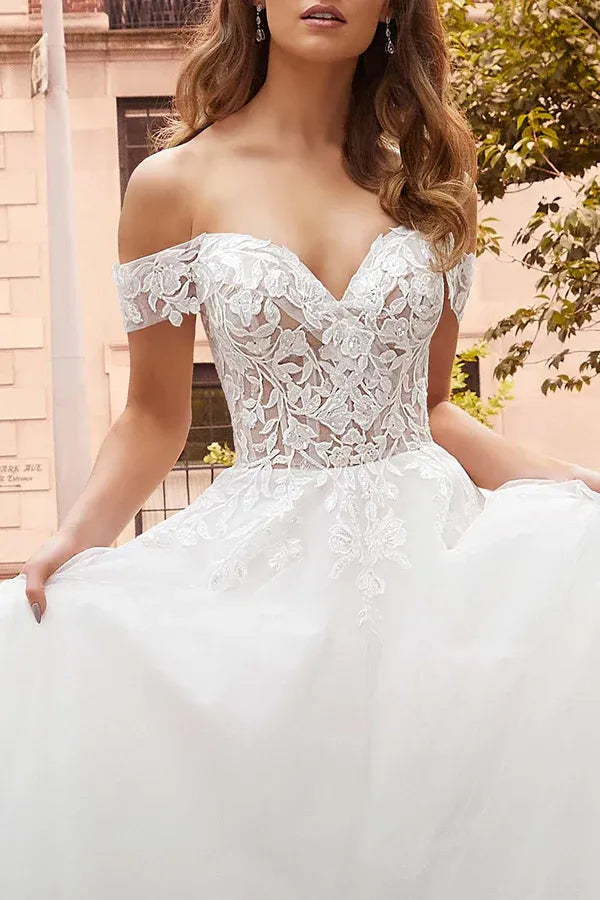 Romantic Off-the-Shoulder Short-Sleeve A-Line Floor-Length Wedding Dress