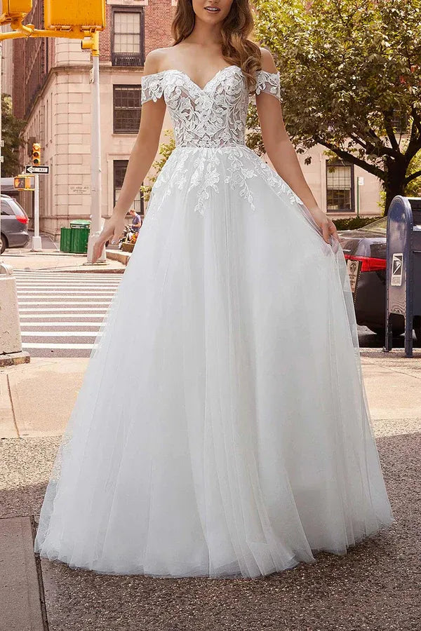 Romantic Off-the-Shoulder Short-Sleeve A-Line Floor-Length Wedding Dress