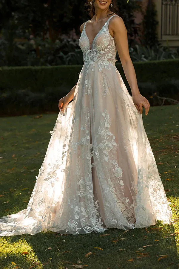 Romantic Plunging V-Neck A-Line Floor-Length Wedding Dress