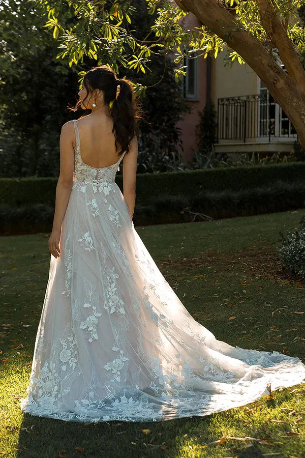 Romantic Plunging V-Neck A-Line Floor-Length Wedding Dress