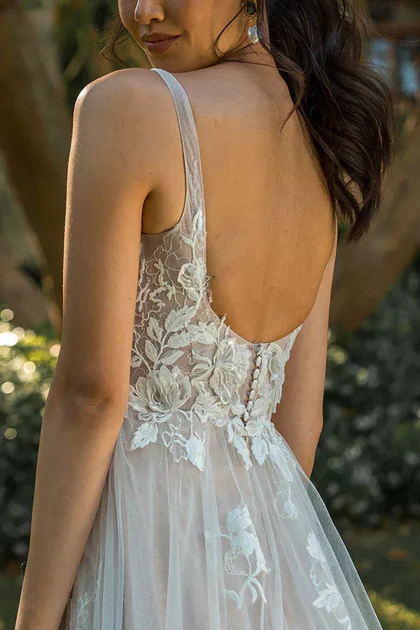 Romantic Plunging V-Neck A-Line Floor-Length Wedding Dress