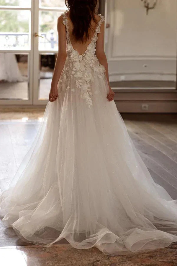Romantic Plunging V-Neck Spaghetti-Strap A-Line Floor-Length Wedding Dress