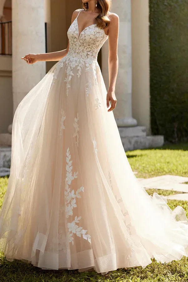 Romantic V-Neck Lace A-Line Floor-Length Wedding Dress