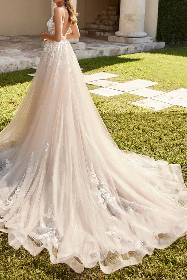 Romantic V-Neck Lace A-Line Floor-Length Wedding Dress