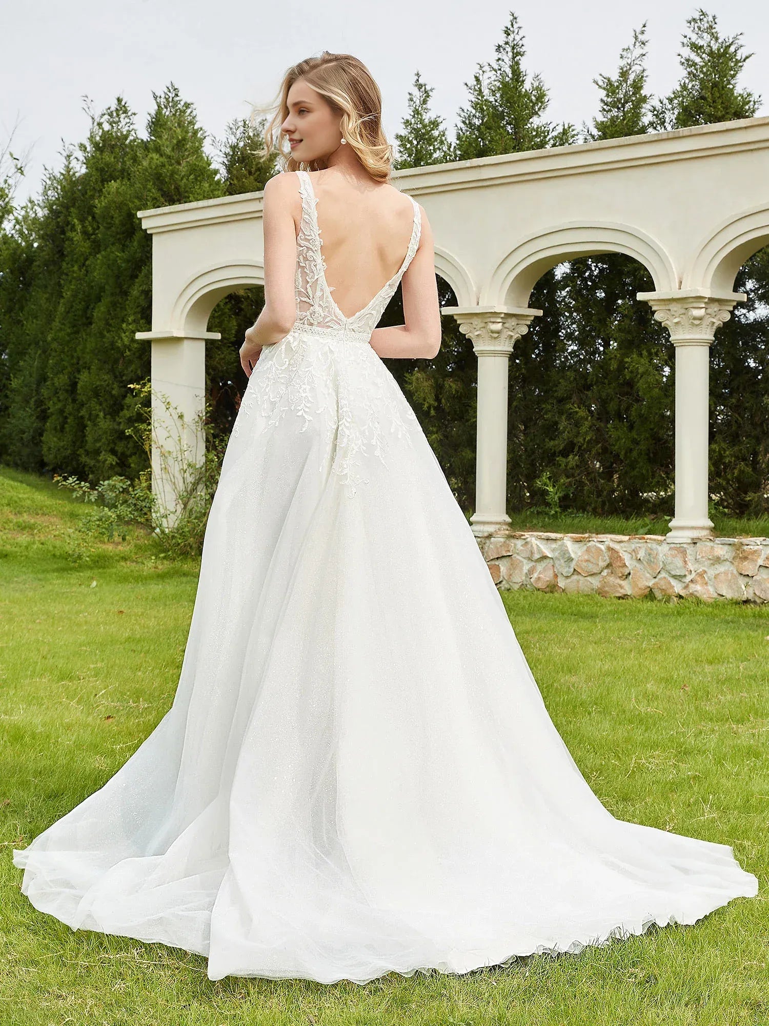 Shimmering A-Line Plunging-Neck Spaghetti-Strap Floor-Length Wedding Dress