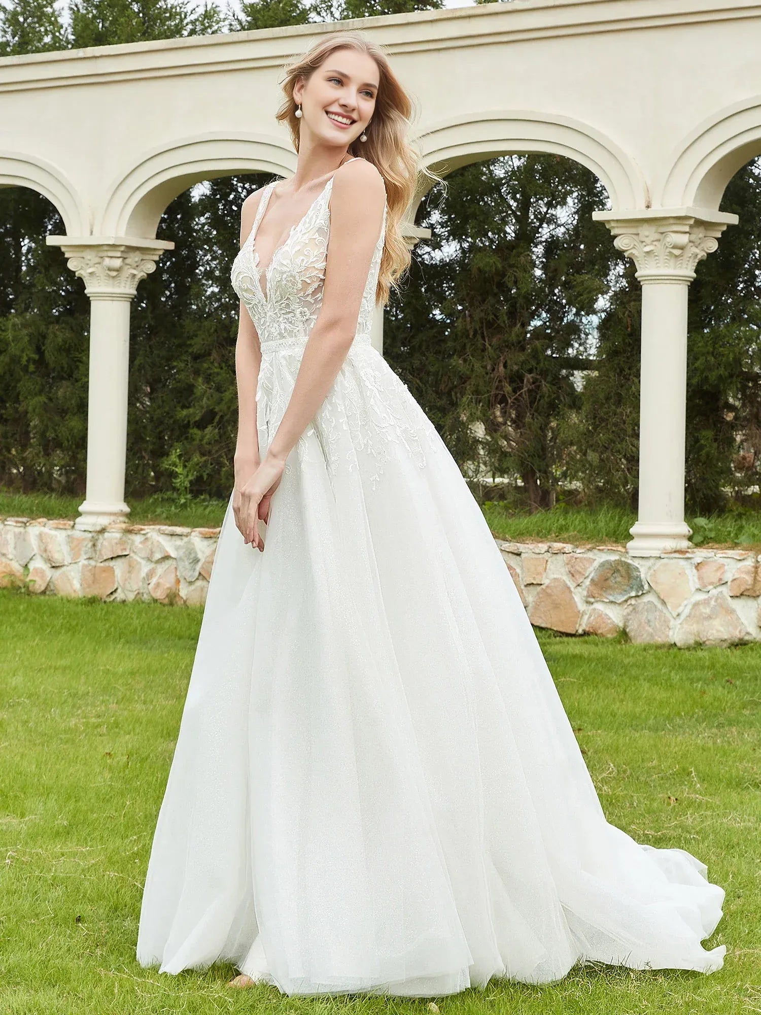 Shimmering A-Line Plunging-Neck Spaghetti-Strap Floor-Length Wedding Dress