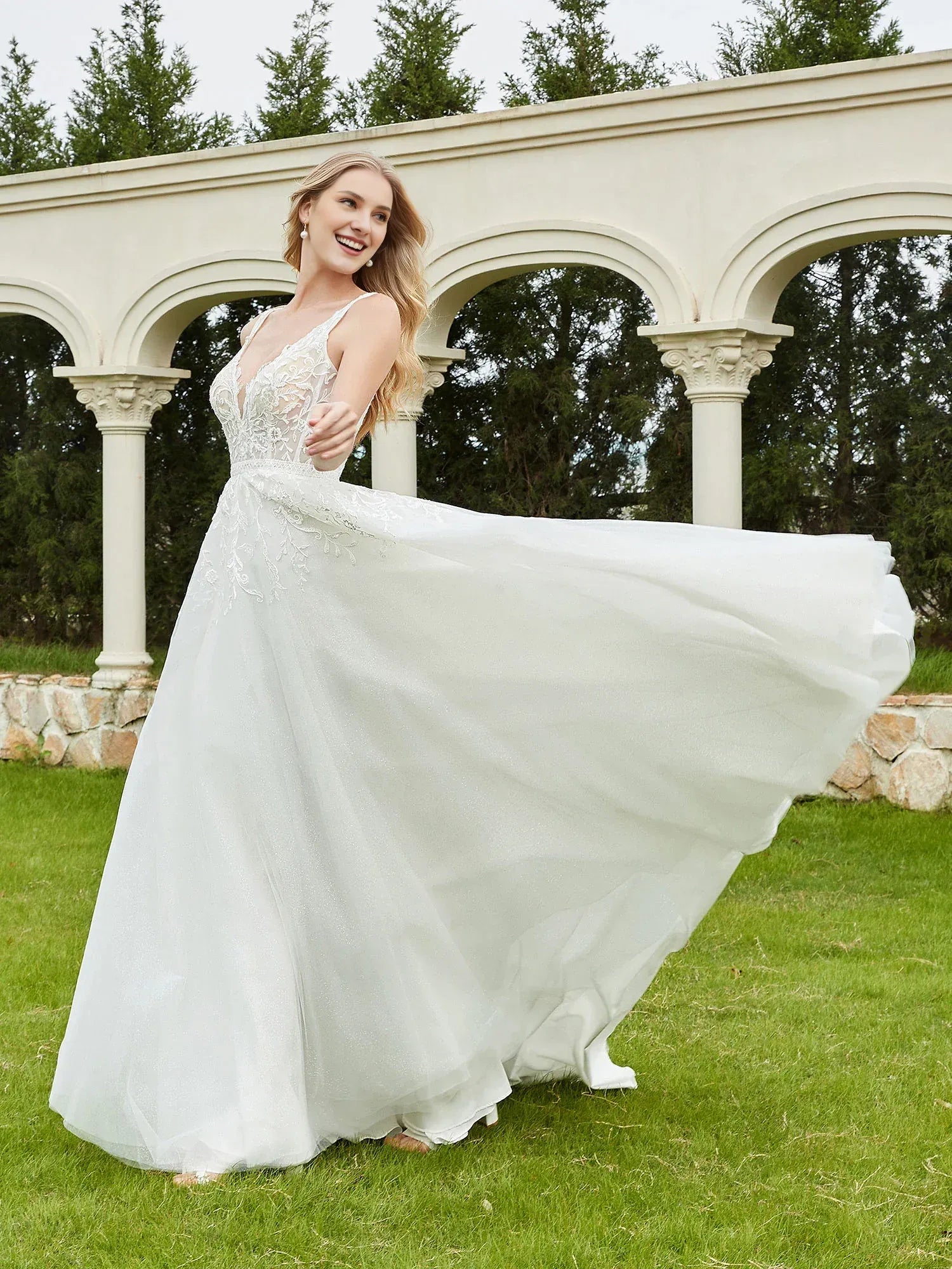 Shimmering A-Line Plunging-Neck Spaghetti-Strap Floor-Length Wedding Dress