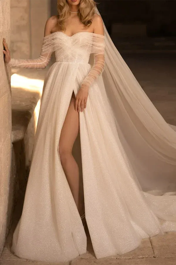 Shimmering Off-the-Shoulder Long-Sleeve A-Line Floor-Length Wedding Dress