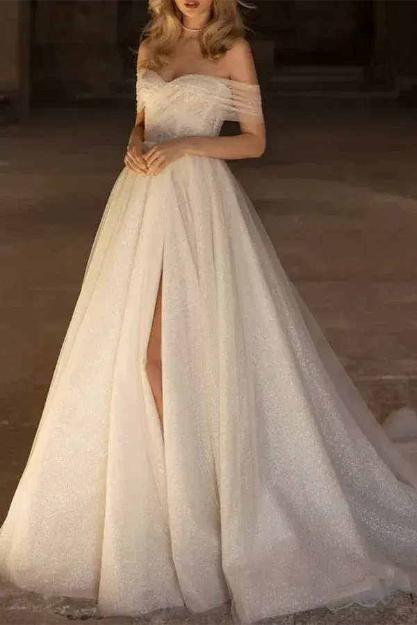 Shimmering Off-the-Shoulder Long-Sleeve A-Line Floor-Length Wedding Dress
