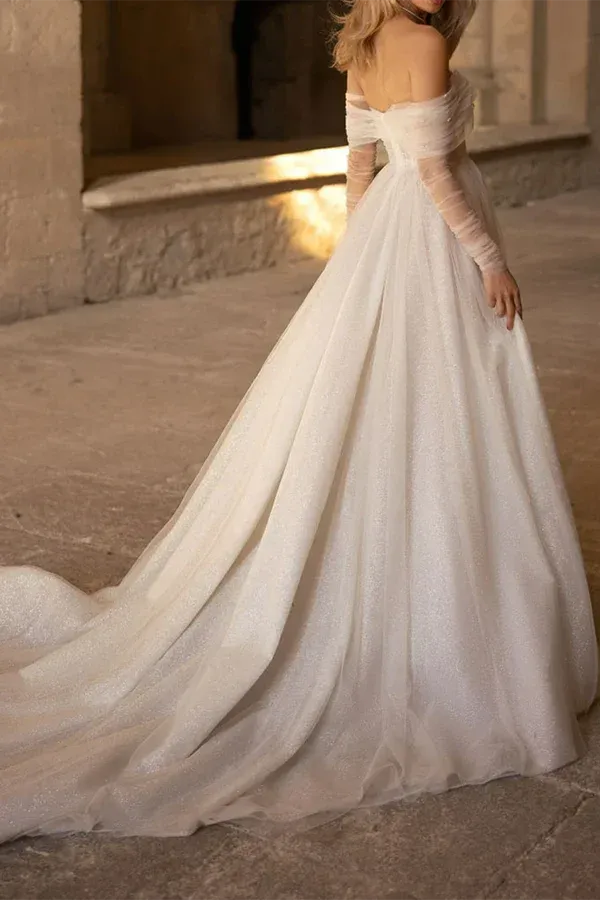 Shimmering Off-the-Shoulder Long-Sleeve A-Line Floor-Length Wedding Dress