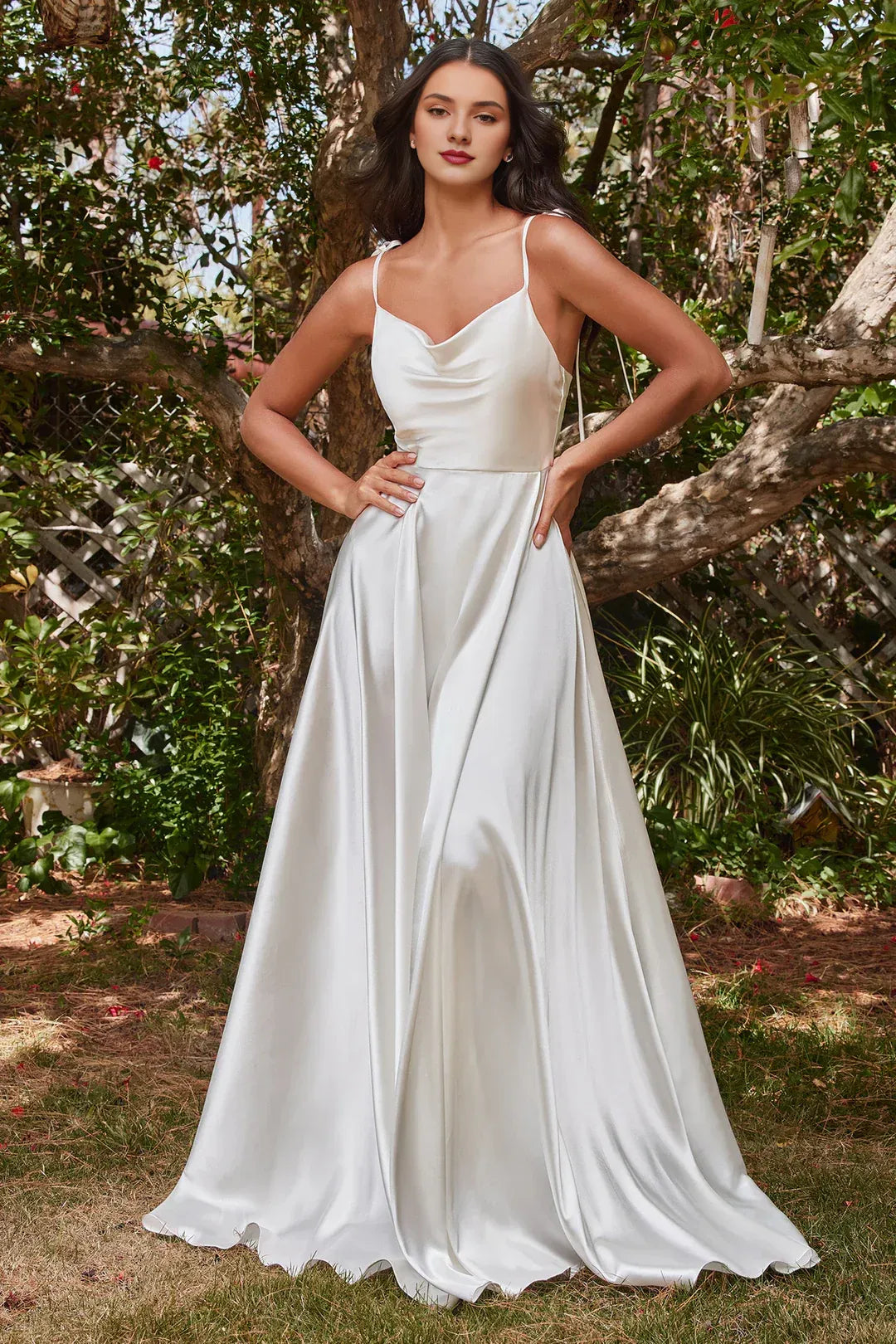 Sleek A-Line Cowl-Neck Spaghetti-Strap Floor-Length Wedding Dress