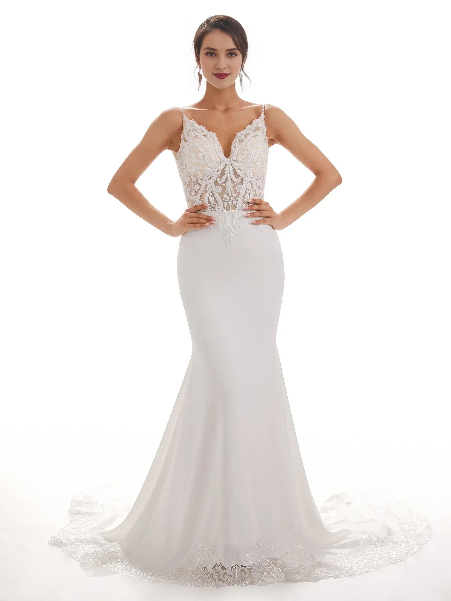Sleek Mermaid Plunge-Neck Spaghetti-Strap Floor-Length Wedding Dress
