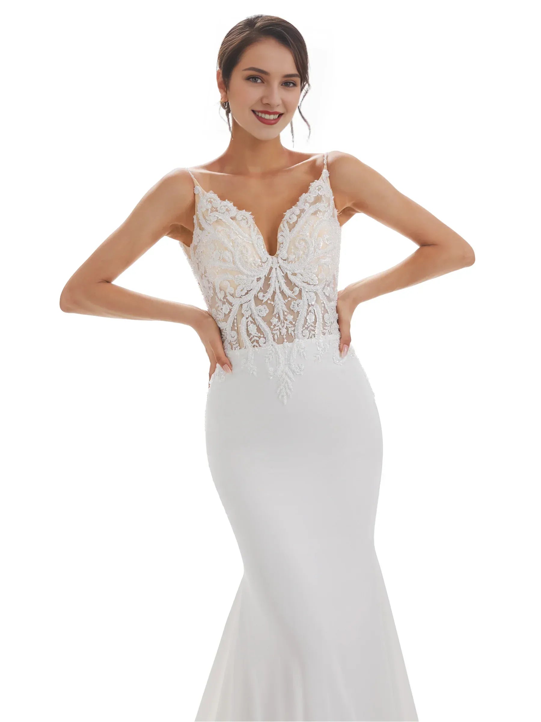 Sleek Mermaid Plunge-Neck Spaghetti-Strap Floor-Length Wedding Dress